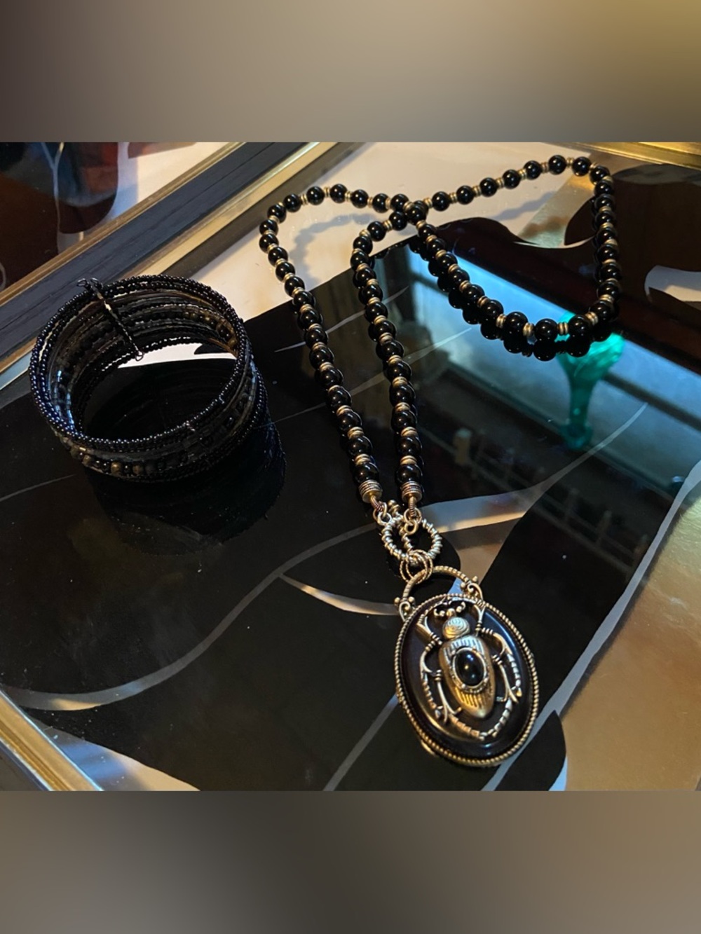Black Beaded Necklace with Ornate Pendant and Beaded Cuff Bracelet